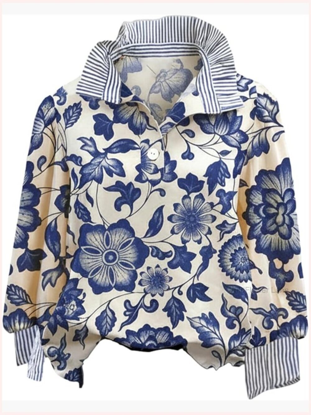 Boho Floral Striped Button Up Blouse Dressy Work Shirt Colorblock Long Sleeve